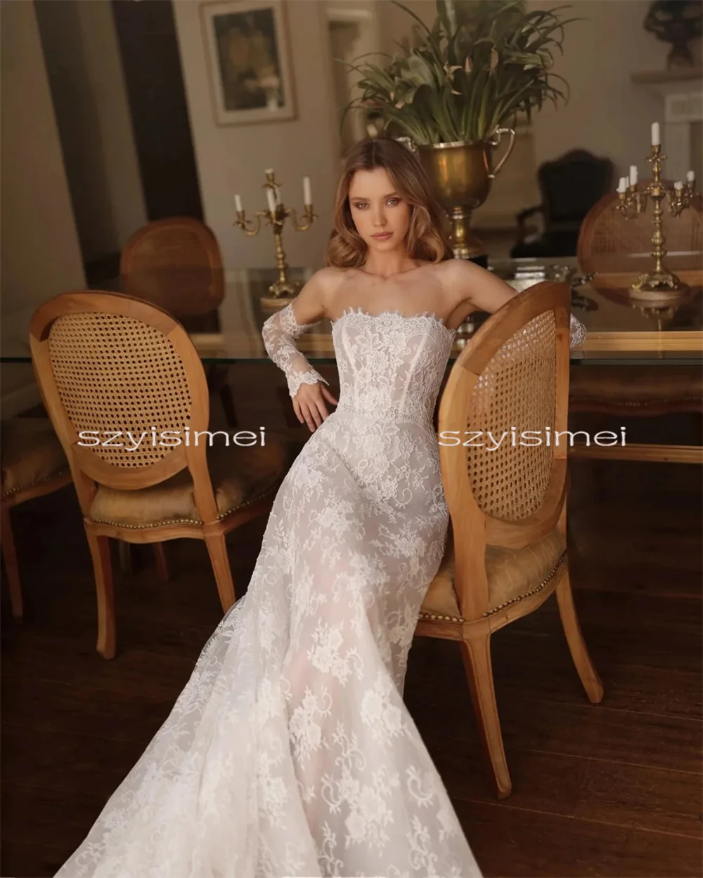 Modern A-Line Wedding Dress Strapless Bridal Gown with 3/4 Sleeves Custom Corset Feminine Trendy 2026