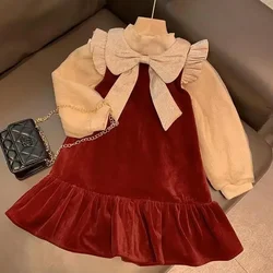 Fashion Baby Girl Princess Velvet Tank Top Dress Set Autumn Winter Child Bowknot Neck Lace Dress+Shirt 2PCS Baby Clothes 2-10Y