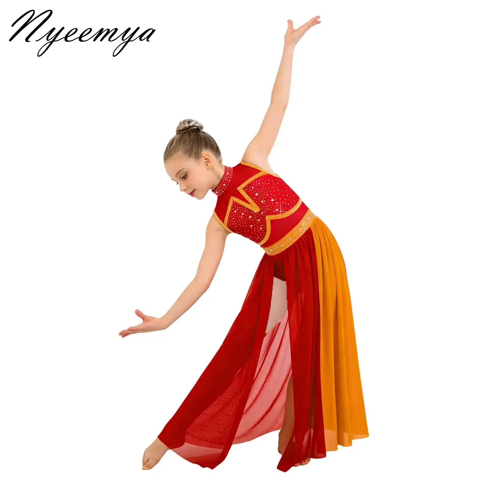 

Kids Girls Modern Dance Dress Color Block Mesh Split Ballet Lyrical Gymnastics Leotard with Skirt Ice Skating Contemporary Dress