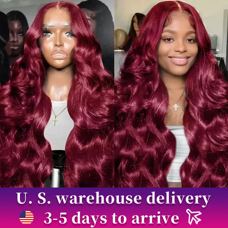 99J Burgundy 200 Density Body Wave 13x6 Lace Front Human Hair 13x4 30 34 40 Inch Red Lace Frontal Wigs Brazilian For Blcak Women