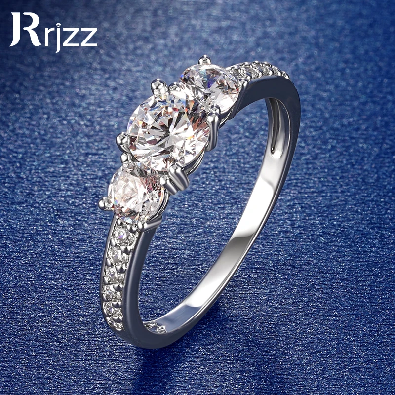 

Rrjzz Classic 5.5mm 4mm Three Stone Women Engagement Ring 14k Plated Lab CZ Diamond Eternal Ring for Wedding Bridal Fine Jewelry