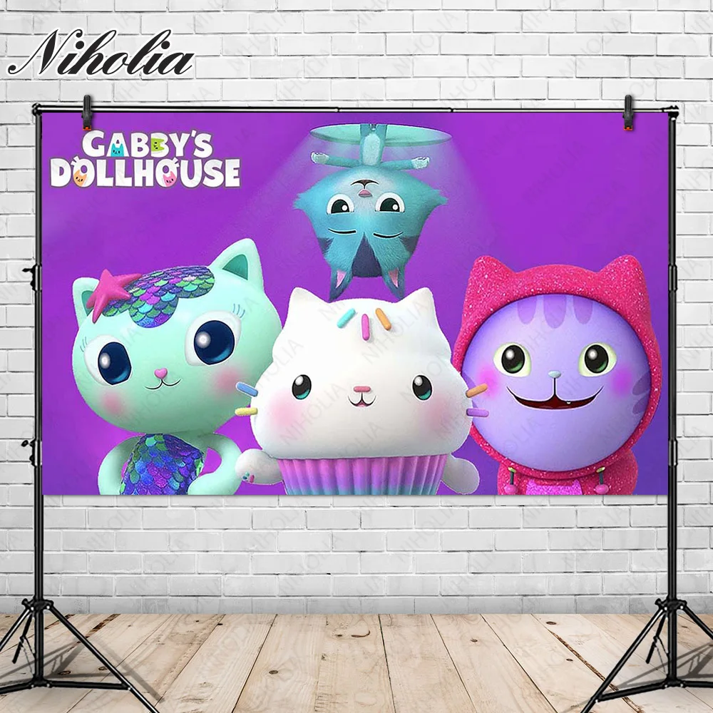 Niholia Gabby Dollhouse  Photo Backdrop Cakey Cat Girl Birthday Party Photography Background  Custom Banner Props