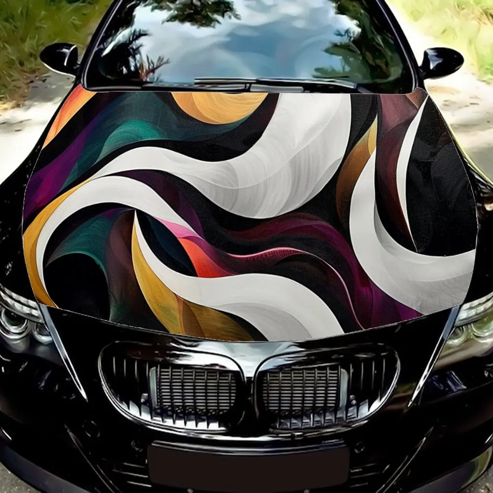 Abstract Black White Ripple Car Hood Wrap Color Vinyl Sticker Truck Graphic Bonnet DIY Auto Accessories Decoration Decal Gift