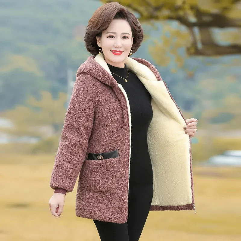 

Winter Mother's Lamb Wool Overcoat Plus Velvet Warm Cotton-Padded Jacket Fashion Middle-Aged Elderly Granular Velvet Thick Coat