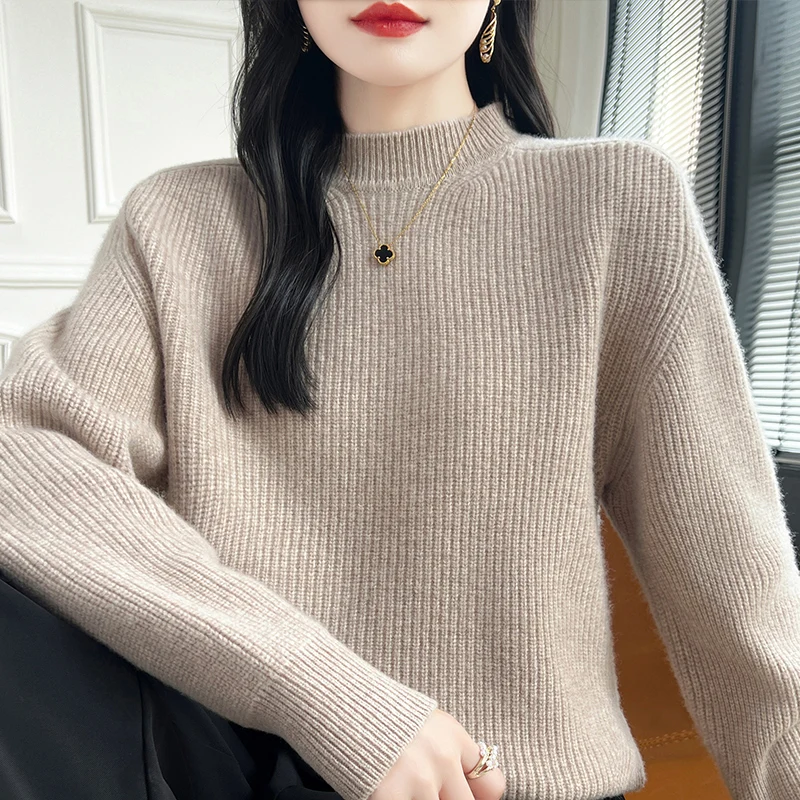 Autumn and winter new women's sweater 100% Merino wool sweater long sleeved pullover cashmere O-neck thick solid color loose top