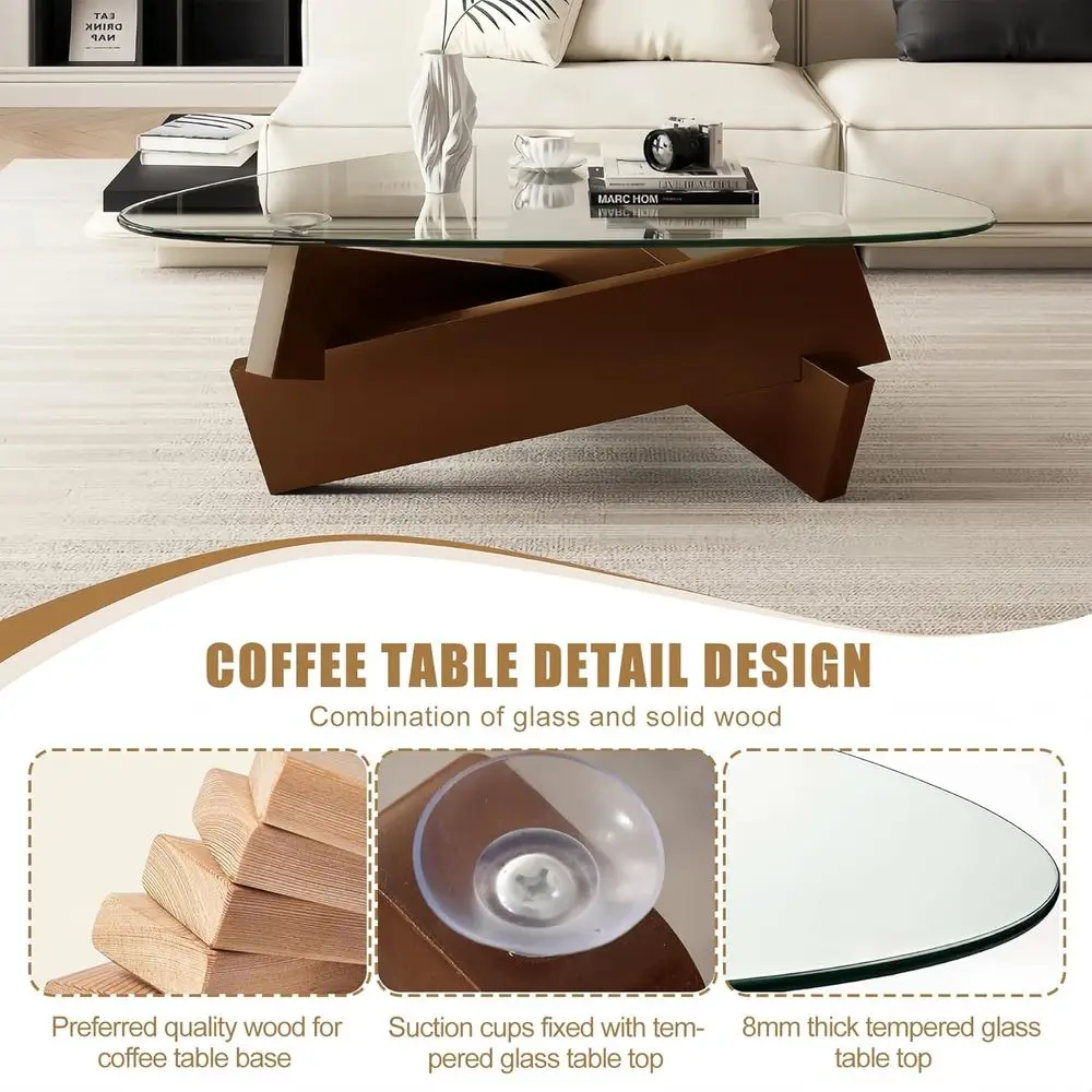 ミッドセンチュリーモダンウォールナットコーヒーテーブル、35.5 x 27.5 x 15.7、ガラストップ、素朴なブラウン、リビングルームや狭いスペースに最適