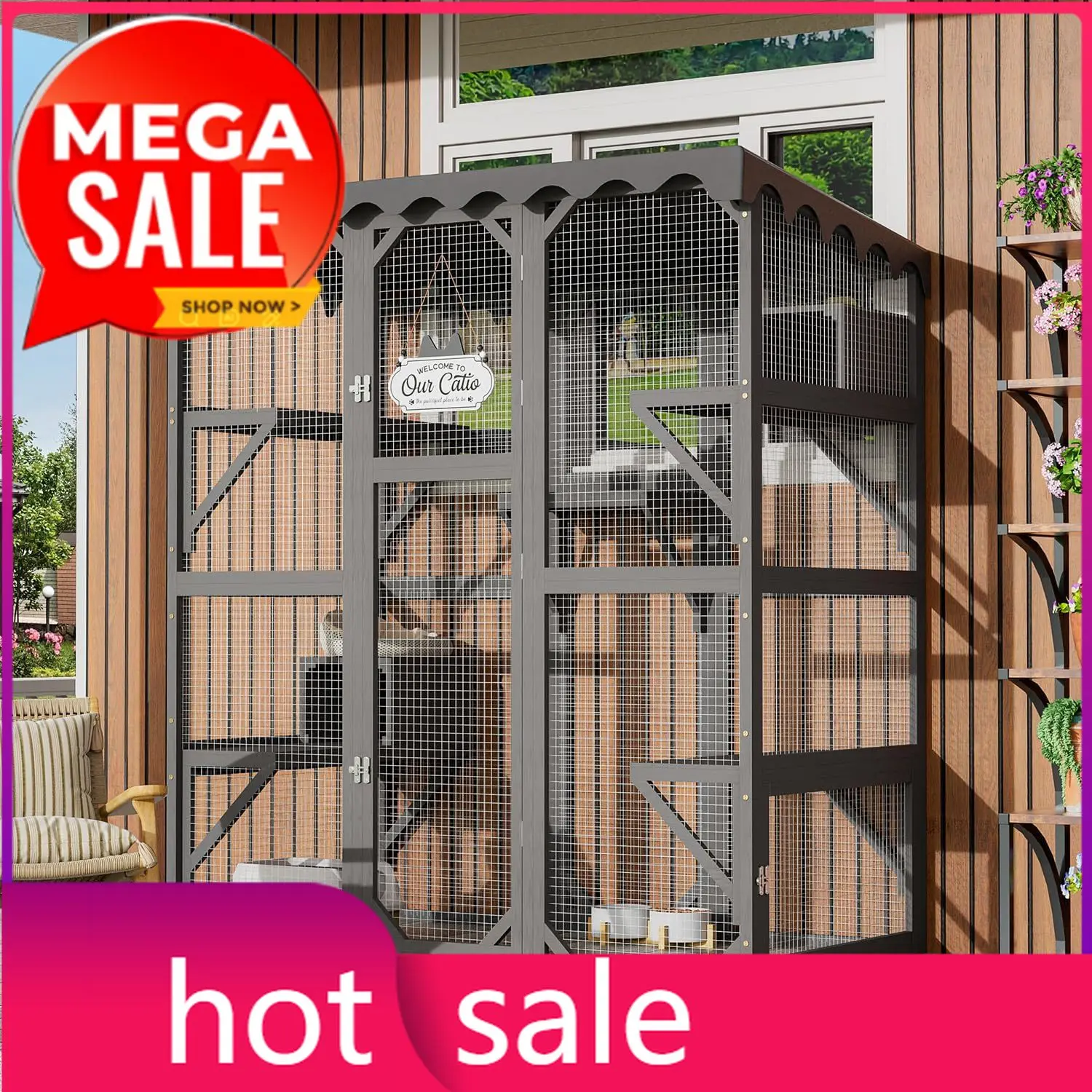 

Большой уличный вольер для кошек 71 дюйм, для нескольких кошек, с окном, 7 платформами и 2 лежанками