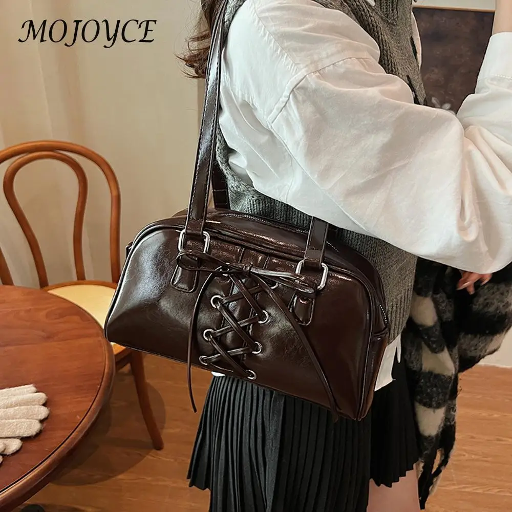 Shoulder Bag for Women Solid Color Bow Purse PU Leather with Zipper Boston Tote Bag Hobo Bag for Work Travel