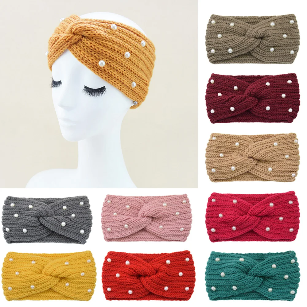 1pcs Wide Knitting Woolen Headband Winter Warm Ear Women Thicken Turban Hair Accessories Pearls Hair Band Headwraps Ear Warmer