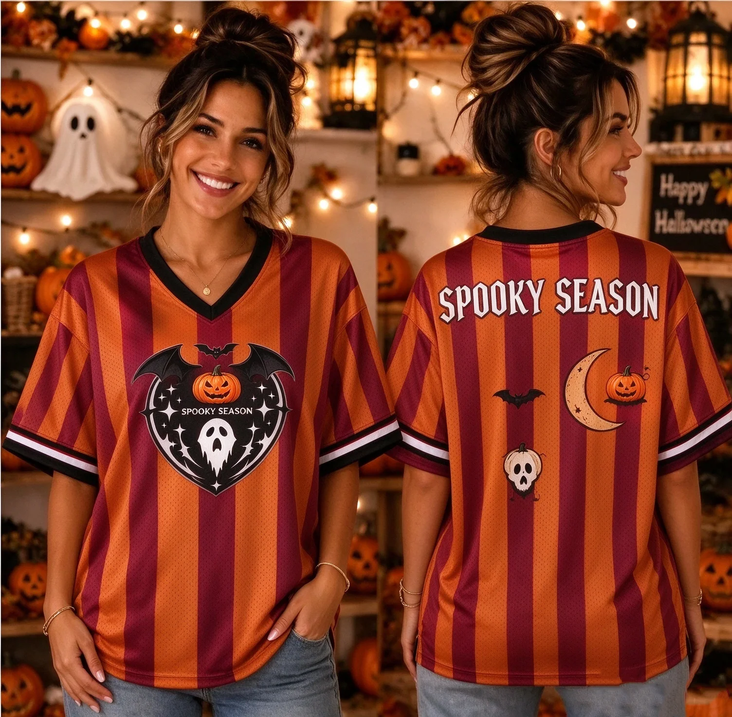 Halloween Spooky Season Ghost Pumpkin Bat Print V Neck Mesh Jersey, Women Loose Short Sleeve Football Tees