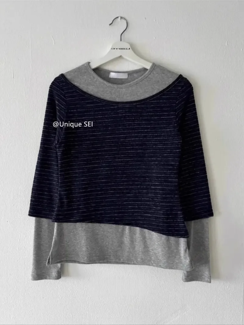 

Striped Long Sleeved Patchwork Fake Two-piece Contrasting T-shirts Y2k Top Women Clothing Harajuku Ropa De Mujer Футболки