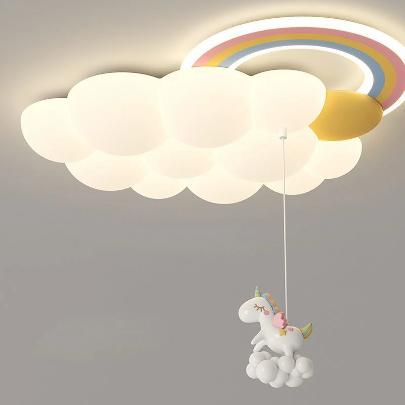 Cartoon Rainbow Chandelier Lights White Cloud Ceiling Lamp Kids Baby Bedroom Chandelier Lamps with Hanging Horse Rabbit Bear