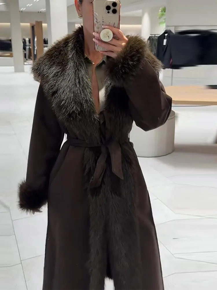 Módní oboustranný dlouhý kabát z umělé kožešiny s páskem pro ženy, ležérní teplý kabát s dlouhým rukávem, dámský zimní streetwear 2025 - náhled 5