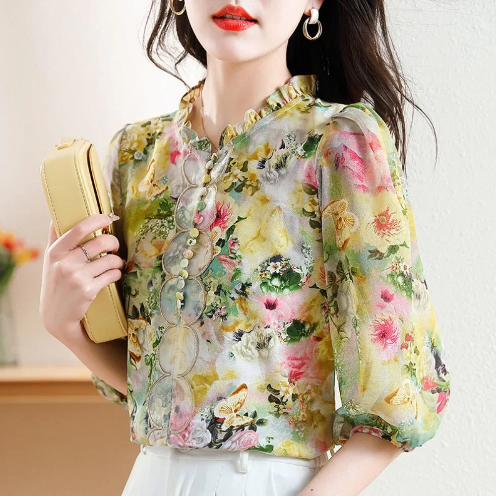 S-2XL SizeHot selling new Korean version high-end and thin style with a slimming temperament printed lantern long sleeved shirt