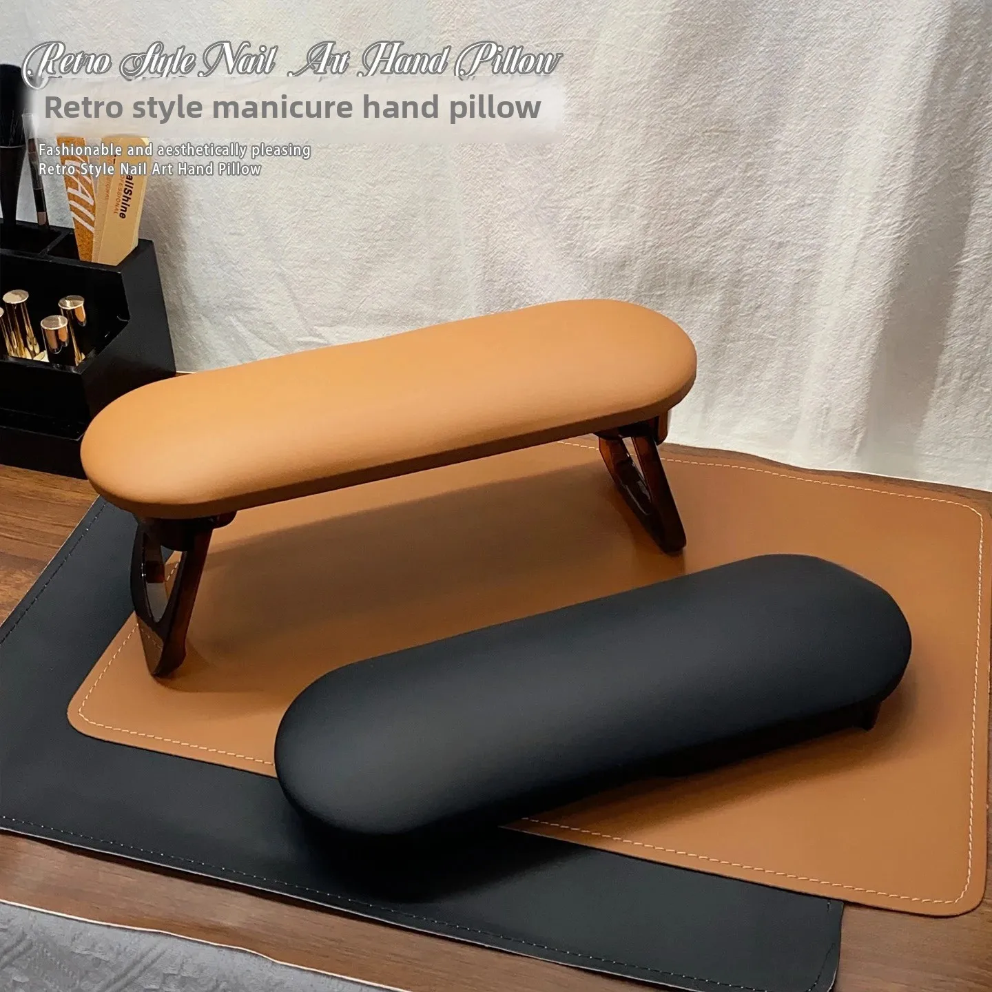 Cream Black Retro Russian Nail Cushion Set, Simple Anti-fouling Leather Salon Hand Pad Tools
