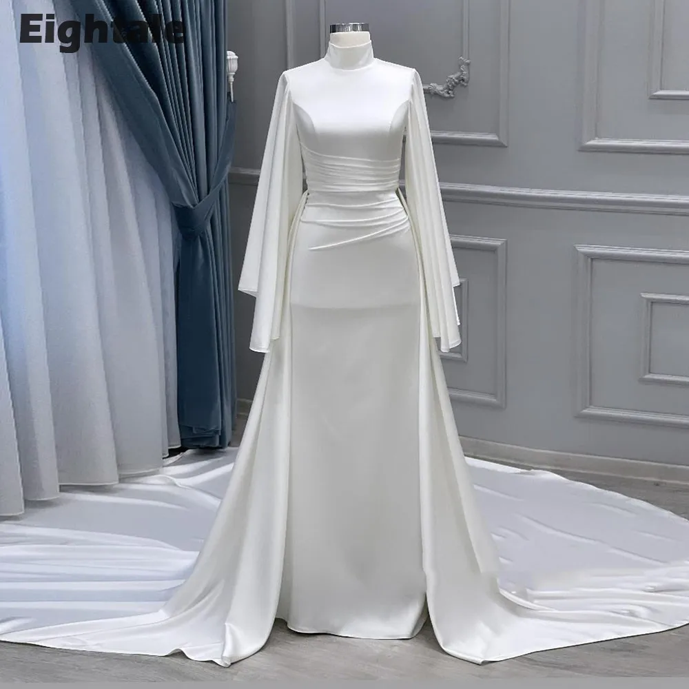 

Eightale Muslim Wedding Dress High Neck Satin Customized White Ivory Arabic Bridal Gown Long Sleeves Vestido De Noiva