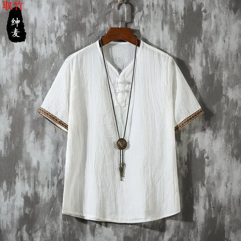 

Summer New Men's Slim Fit Cotton Linen ort Sve V-Ne Button T-irt plus Size Breathable Thin Sle Daily Wear
