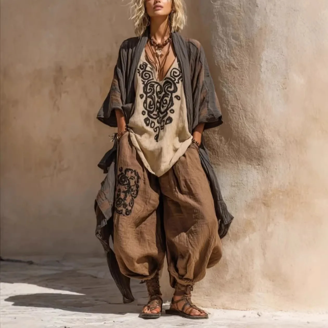 

Women's Geometric Pattern Print Three Piece Set 2026 Summer New Loose Top Front Cardigan Harem Pants Suit Lady Commuting Set