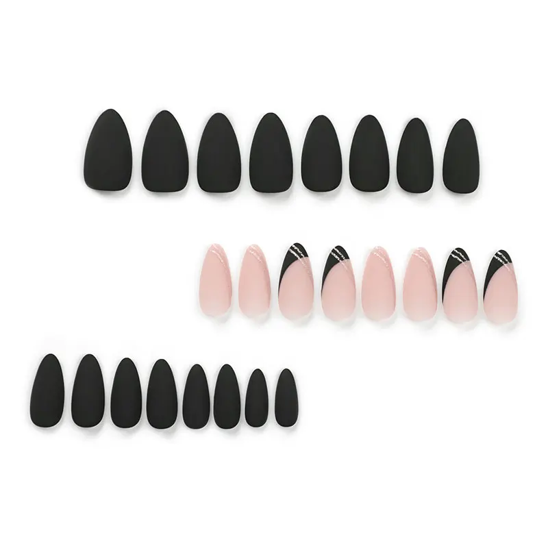 24 Stuks High-End Eenvoudige Franse Manicure Zwart Poeder Gemengd Met Nepnagels