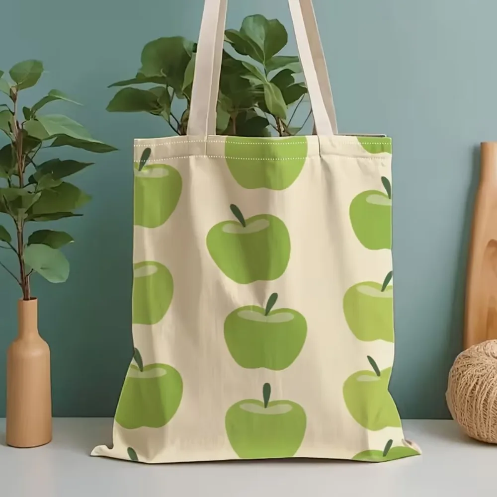 Women Canvas Tote Bag Green Apple Pattern Reusable Grocery Bag Casual Aesthetic Shoulder Handbag For School Shopping