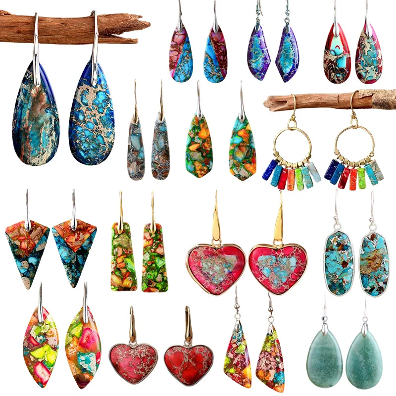 Bohemian Multicolor Emperor Stone Drop Earrings for Women Ethnic Geometric Natural Stone Dangle Earrings Minimalist Jewelry Gift