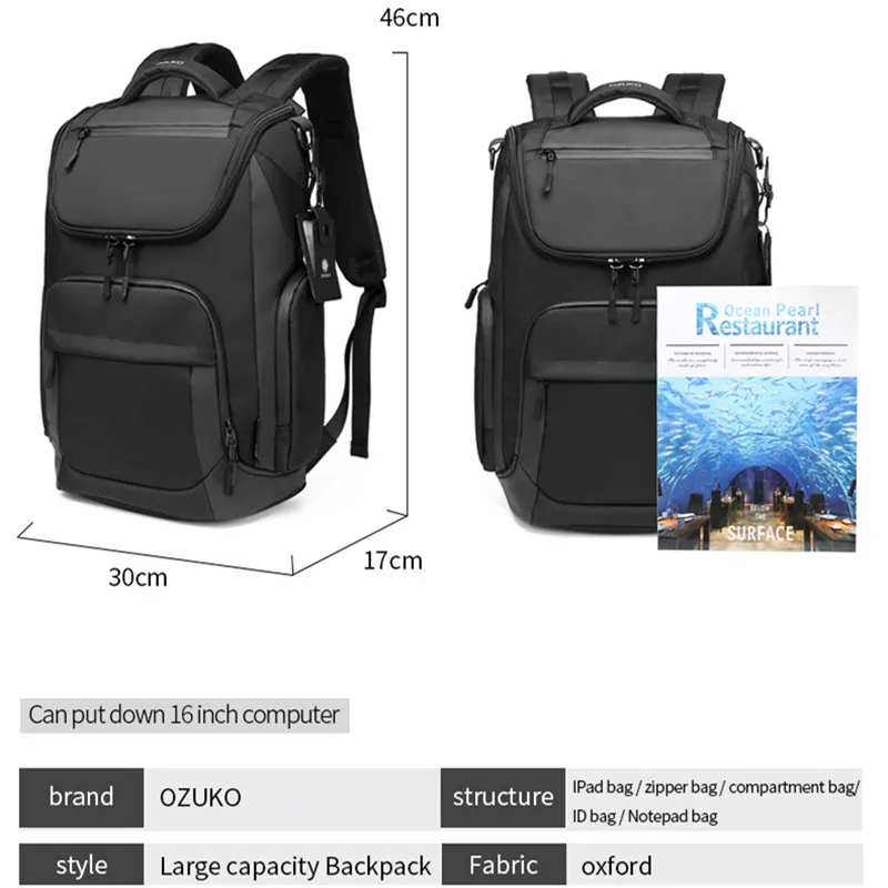 OZUKO Mochila Viaje Cabina 42x28*8 pojemność wodoodporne plecaki 15.6 "plecak na laptopa podróżna biznesowa męska torba do ładowania USB