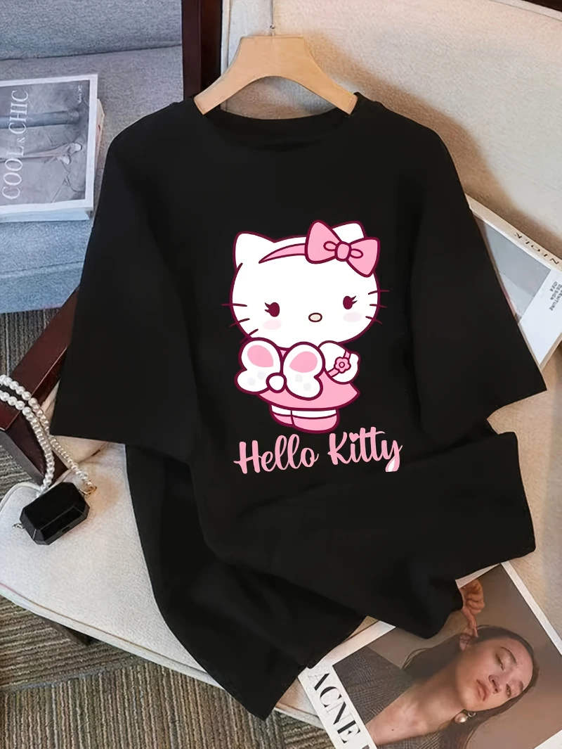 MINISO Sanrio Hello Kitty i Przyjaciele Casualowa Koszulka Damska z Krótkim Rękawem, Wzór z Postaciami z Bajek, Okrągły Dekolt, Zabawny Design