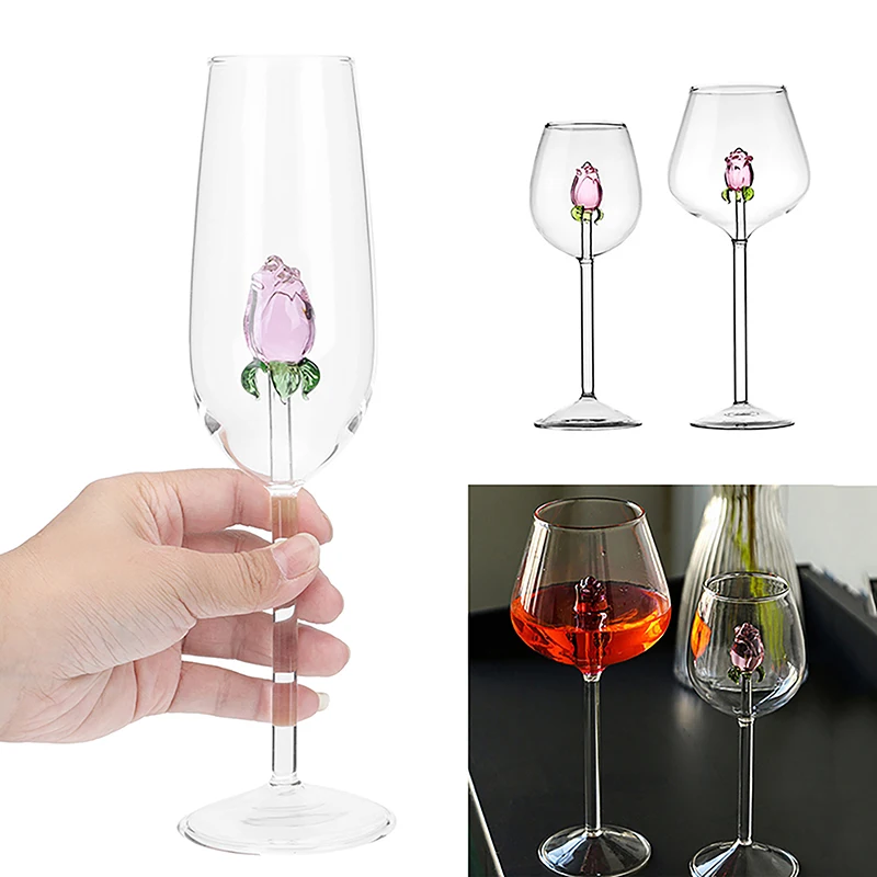 1 Piece Creative 3D Pink Glass Rose Build-in Red White Wine Glasses Cup Stemware Goblets Champagne Flute Household Lovely Gift