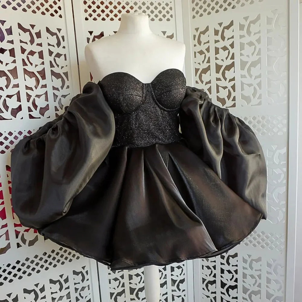 

Customized Off the Shoulder Organza Sequins Formal Prom Dress for Women Short Puff Sleeve A-line Puffy Short Prom Gown