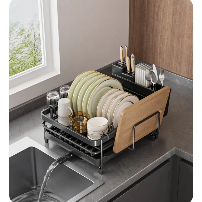 Dishes Drying Rack Adjustable Kitchen Bowl Plates Organizer With Drainboard Countertop Dinnerware Storage Shelf Sink Holder