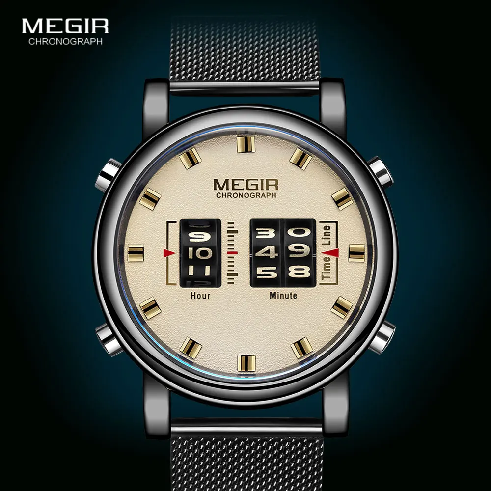 MEGIR 2137 Relojes Para Hombres Watches Men Military Sport Brown Leather Quartz Wrist Watch Luxury Drum Roller Relogio Masculino