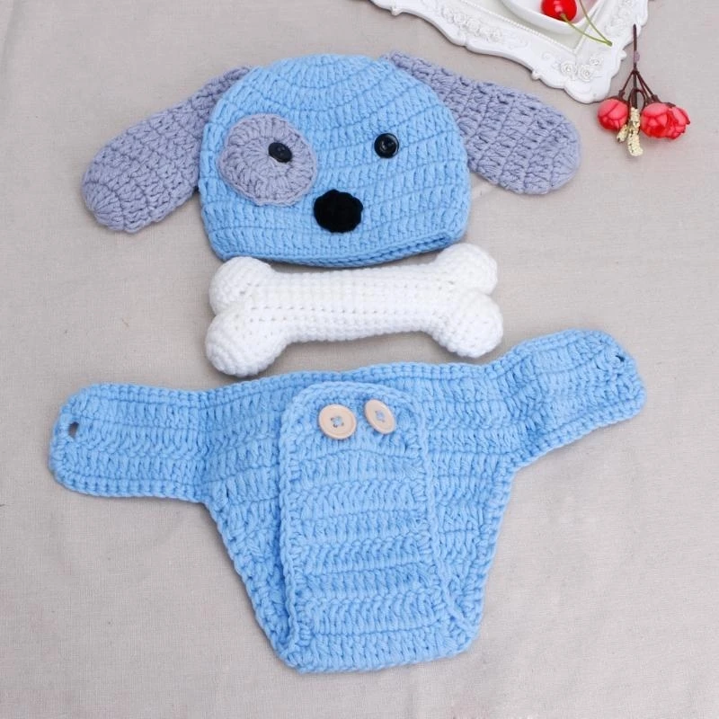 3 Pcs/Set Newborn Photography Prop Hat + Knitted Shorts Photo Clothing with Bone Photo Props Outfits