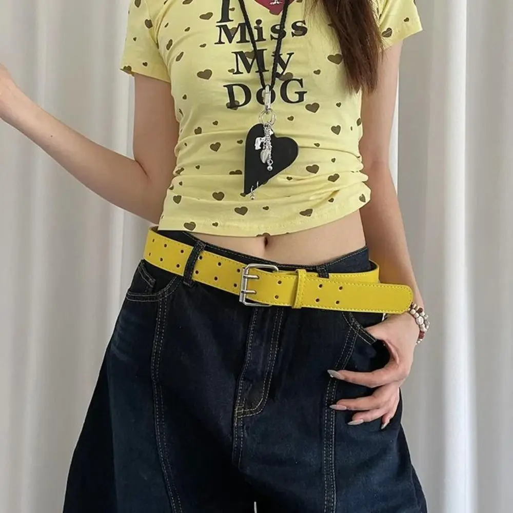 حزام نسائي متعدد الاستخدامات مزدوج الصدر أصفر حزام خصر عريض جلد Y2k فستان حزام جينز ملابس الشارع