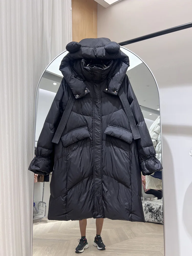 سترة بغطاء للرأس بشريط طويل للنساء لشتاء 2025 سترة جديدة سميكة وعصرية من ريش البط الأبيض العصري #3