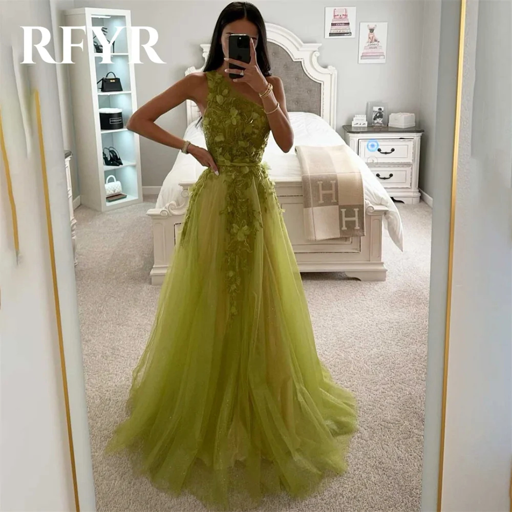 

RFYR Green Evening Dresses A-line Corset One Shoulder Prom Dress with Appliques فستان سهرة Tiered Tulle Sleeveless Party Dress