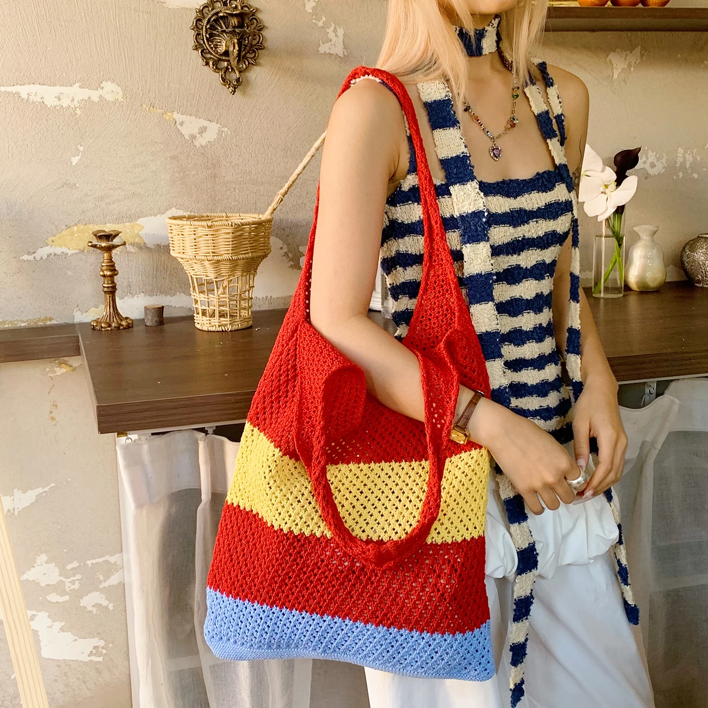 

Women's Striped Crochet Shoulder Bags, Knit Beach Tote, Big Capacity Summer Handbag, Boho Chic Casual Crossbody Purse for Travel