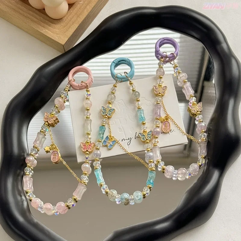 

1 Pc Chic Short Phone Lanyard Creative Design Fashion Butterfly Crystal Key Ring Bag Pendant Luxury Sweet Keychain Bag Pendant