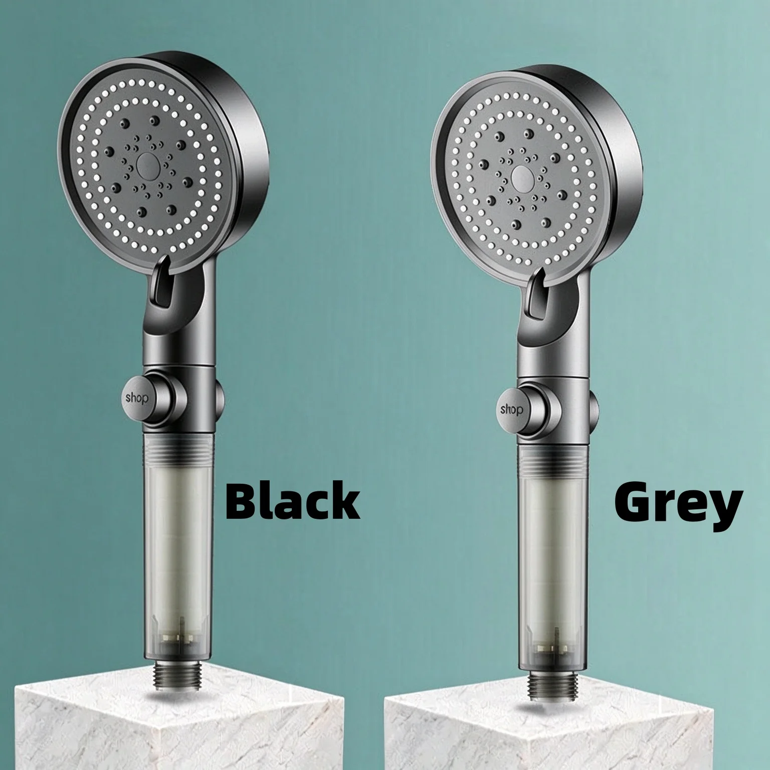 Handheld Showerhead Black Grey Built-in Water Filter Stop Valve 5 Spray Modes with 10 Spare Filter Cartridges