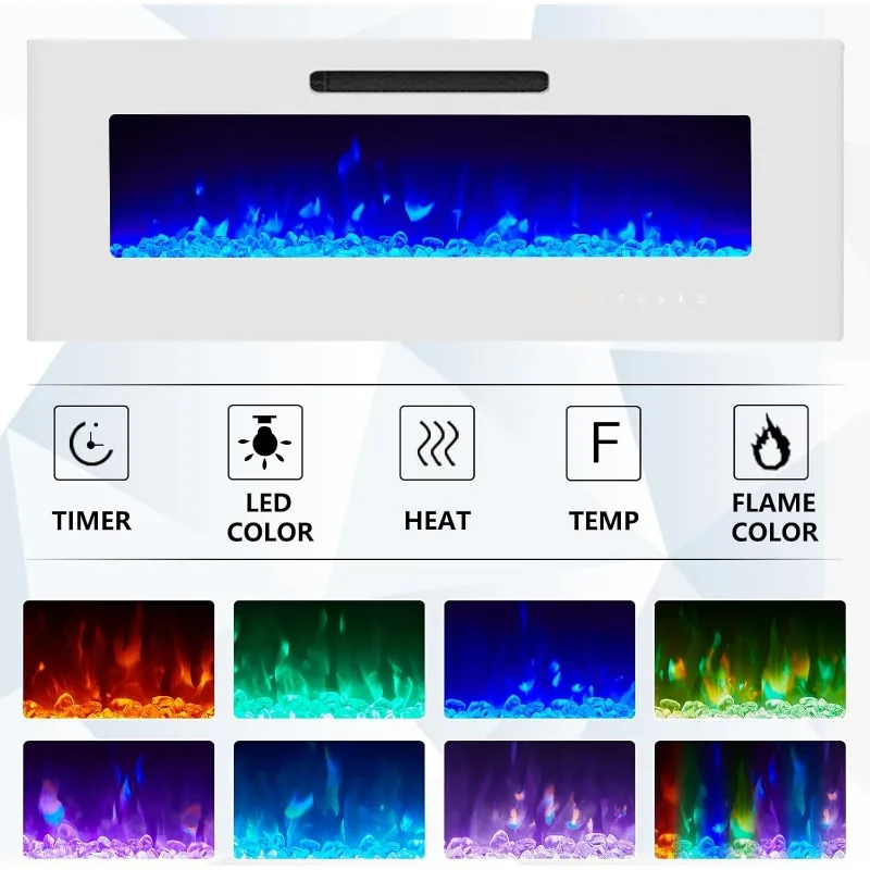 Floating Fireplace TV Stand,Wall Mounted Mirrored Entertainment Center with 40" Electric Fireplace, for TVs Up to 90", All White