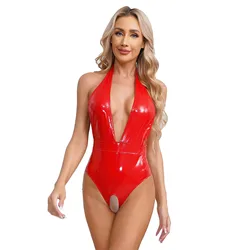 Womens Lingerie Crotchless Wet Look Patent Leather Bodysuit Halter Deep V Neck Leotard Backless Sleeveless Catsuit Costume