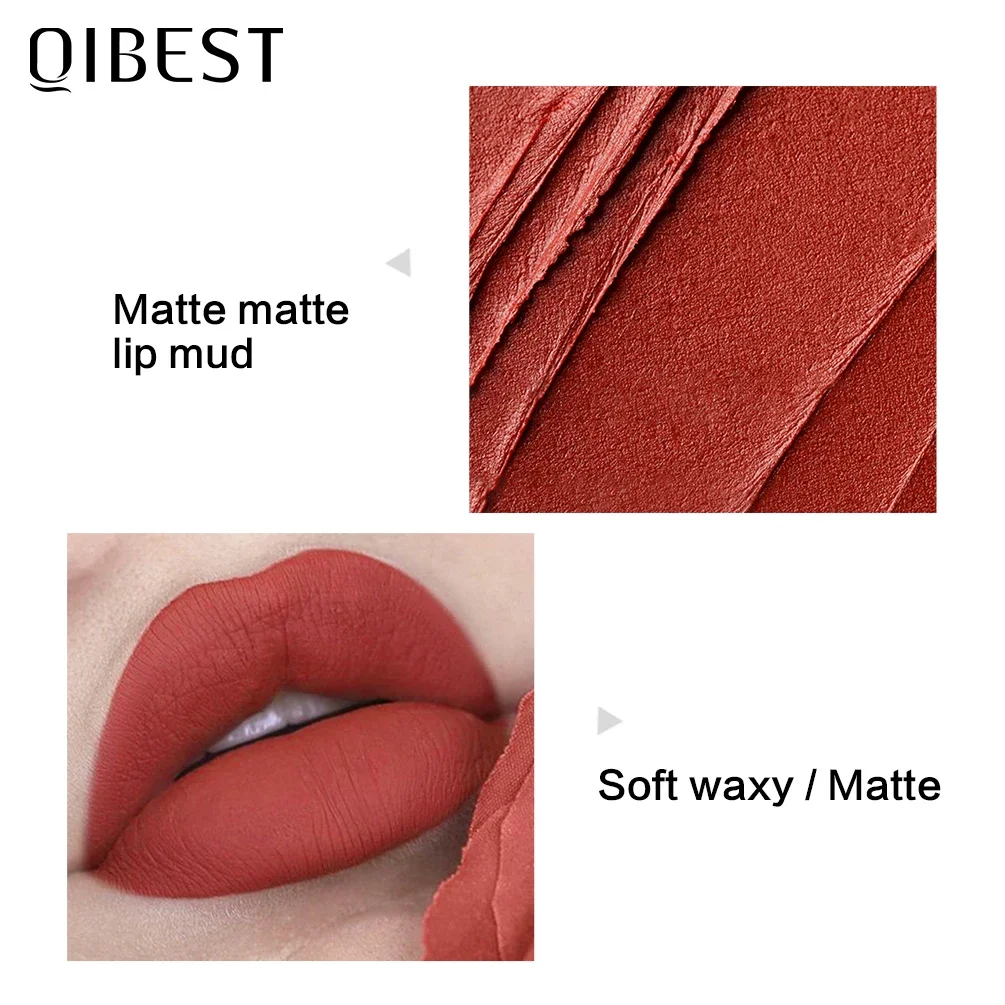 QIBEST Matte Lip Rouge brillo de labios resistente al agua lápiz labial rojo desnudo de larga duración cosmético de belleza para mujeres