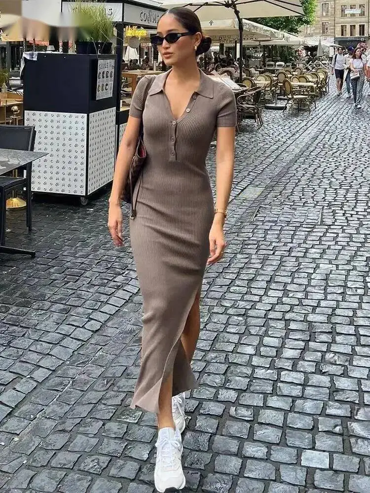 Elegant Office Lady Maxi Jurk Dames Effen Mode Turn-down Kraag Korte Mouw Knop Zijsplit Lichaamsvormende Straat Gewaad RTH1