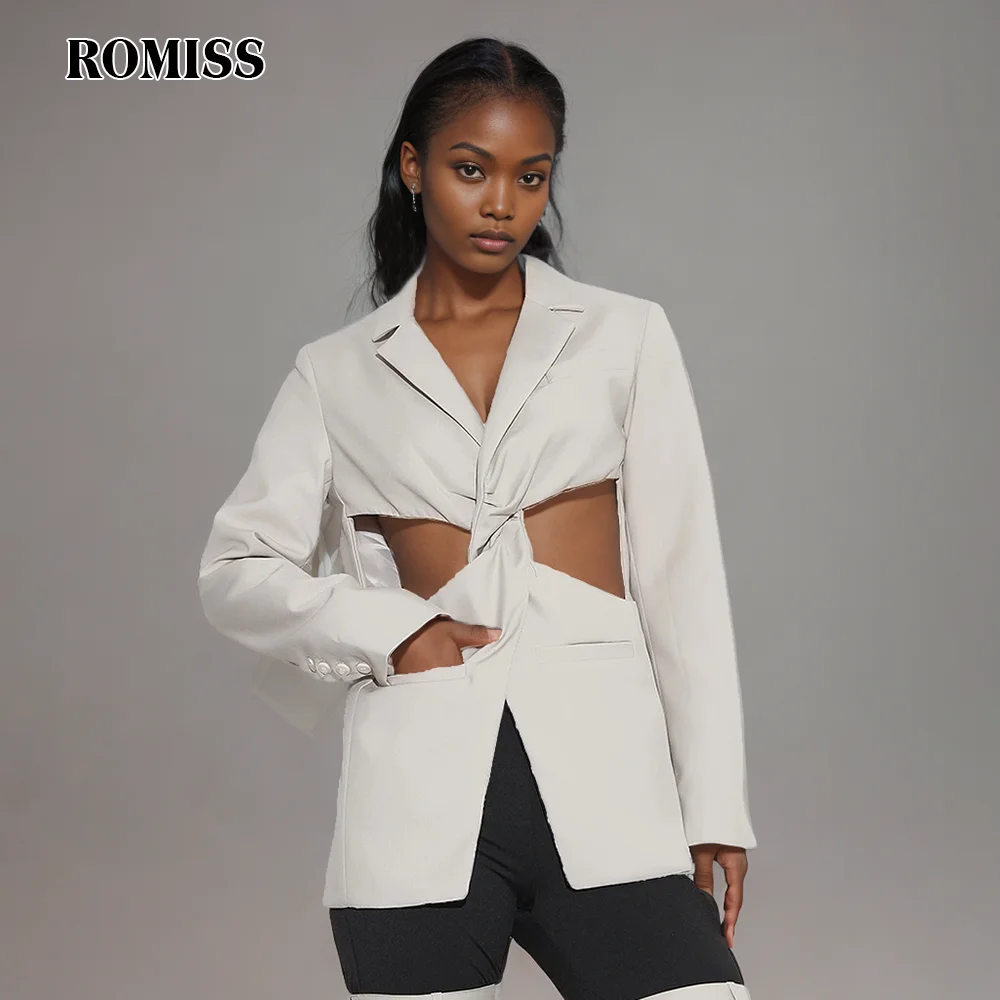 ROMISS  Solid Hollow Out Twist Front Blazers For Women Notched Colar Long Sleeve Spliced Pockets Chic Blazer Female Fashion