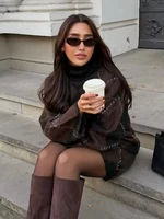 Brown Vintage Argyle Plaid Knitted Dress Sets Women Causal Turtleneck Loose Sweater +Knit Mini Skirts Set Winter Women Knitwear - Image 3