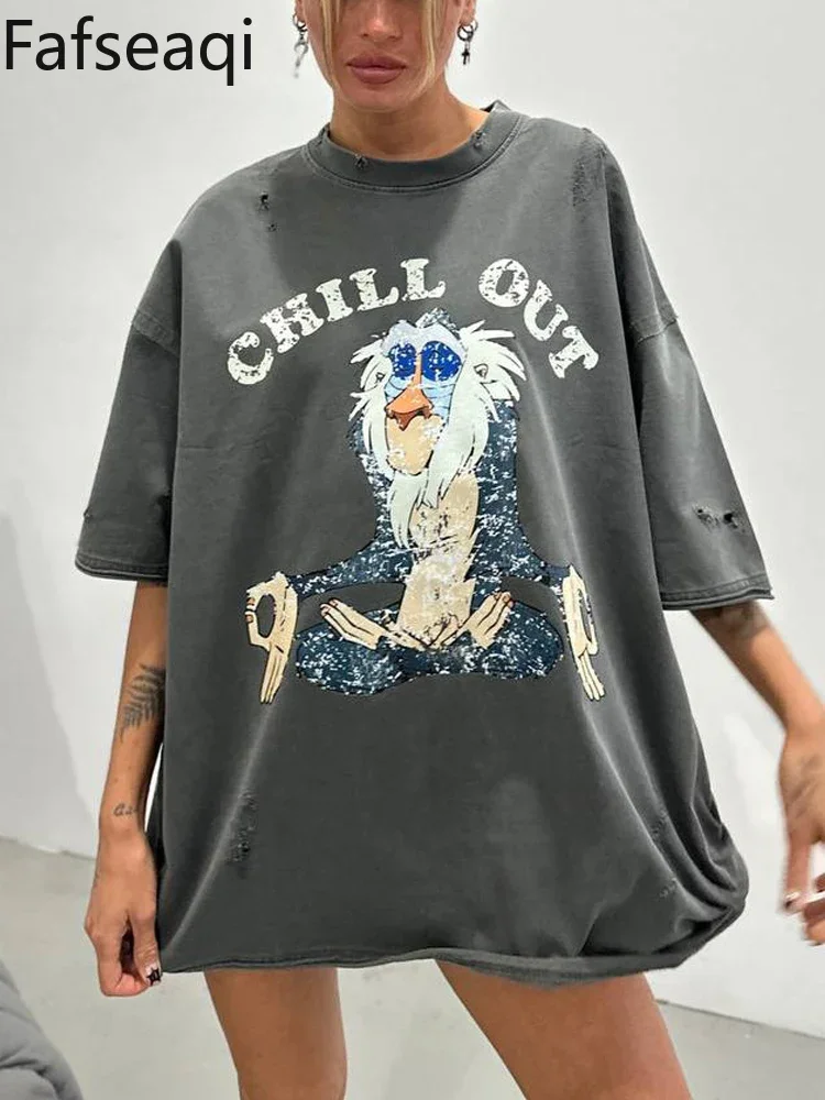 

Distressed Oversize T-shirt for Women 2024 Summer O-neck Holes Cotton T-shirt with Print Retro Women's Short Sleeve T-shirts