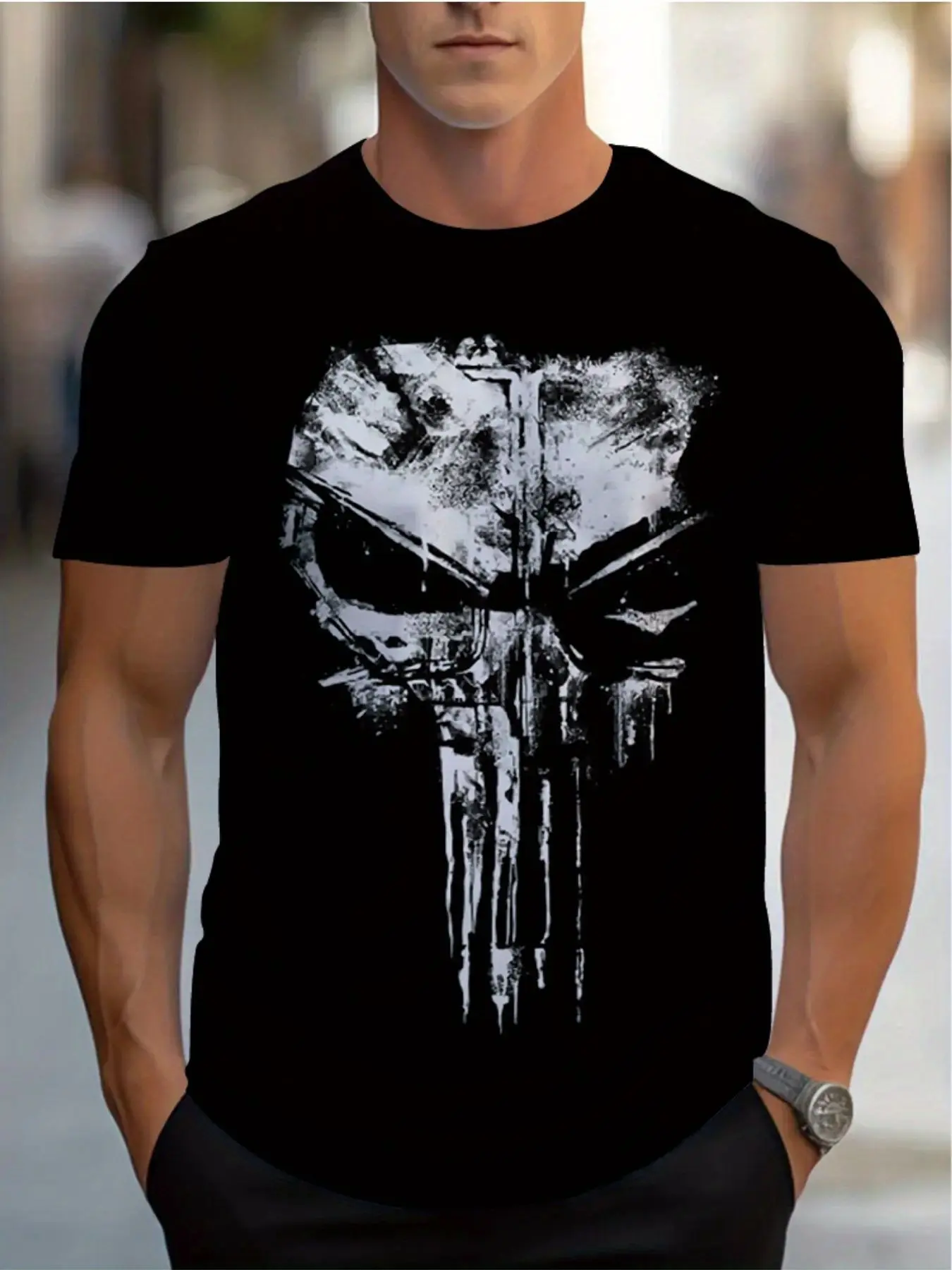 Men's black skull pattern T-shirt is made of lightweight and durable polyester with a unique white skull design