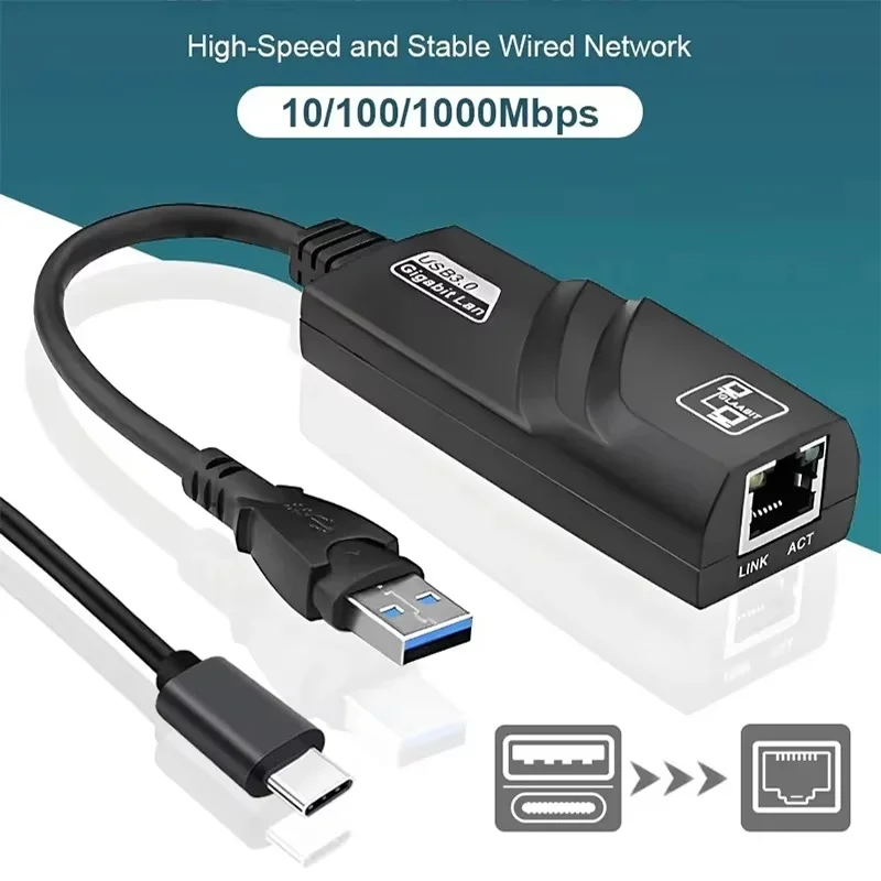 10/100/1000Mbps Wired USB 3.0 Type C USB To RJ45 Lan Ethernet Adapter RTL8153 Network Card For PC Macbook Win 10 8 XP OS Laptops