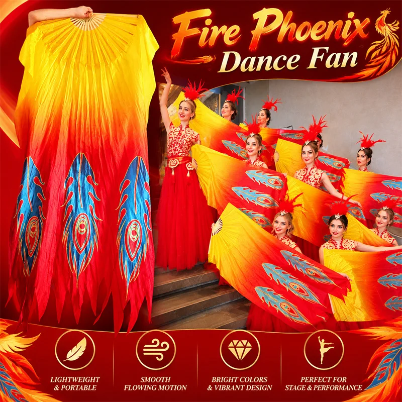 1pc Chinese Classical Long Ribbon Dance Fan Red Yellow Gradient Painted Phoenix Pattern Hand Fan for Stage Dancing Performance
