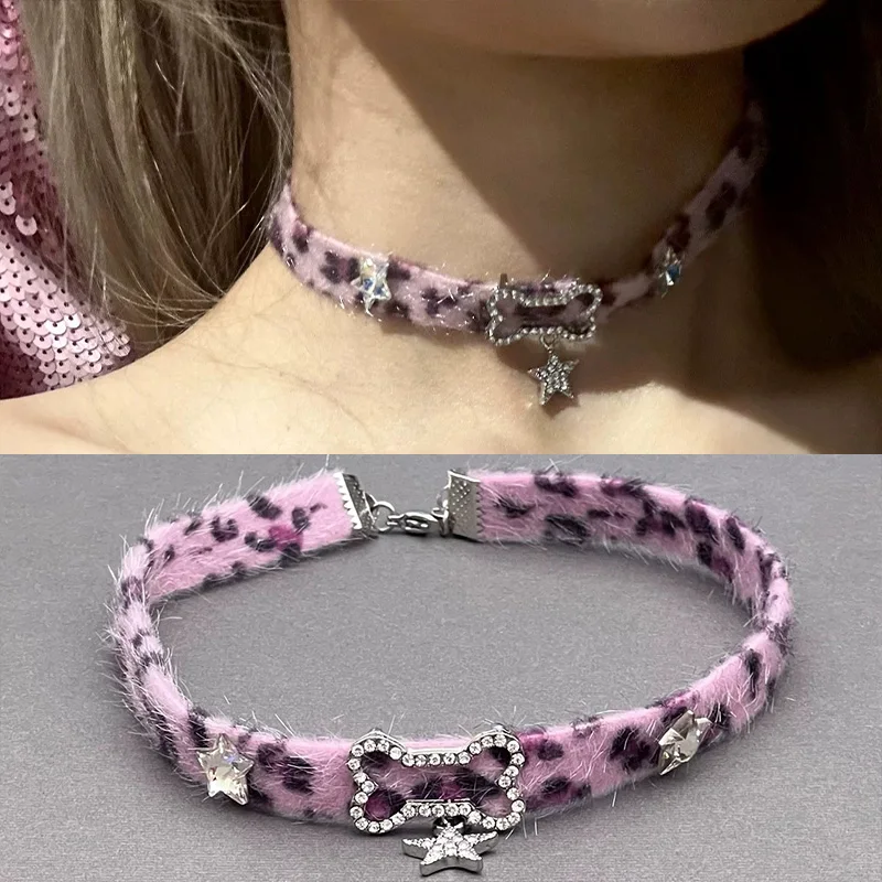 Korean Sweet Cool Pink Leopard Bone Necklace Choker Mini Star Pendant Necklace Harajuku Sexy Women Choker Fashion Jewelry Gifts