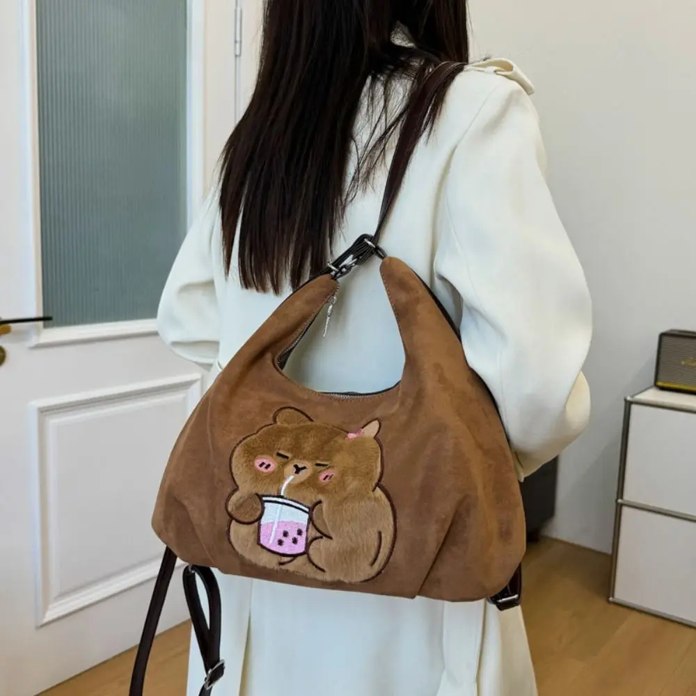 Sweet Embroider Capybara Crossbody Bag Milk Tea Dinosaur Chamois Kapibara Bag Kawaii Creative Chamois Leather Bag Girls